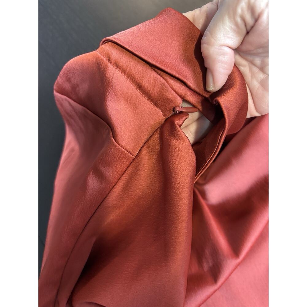 by Anthropologie Strapless Dress Orange Red Rust Satin Size Large Cowl Back - Picture 10 of 15